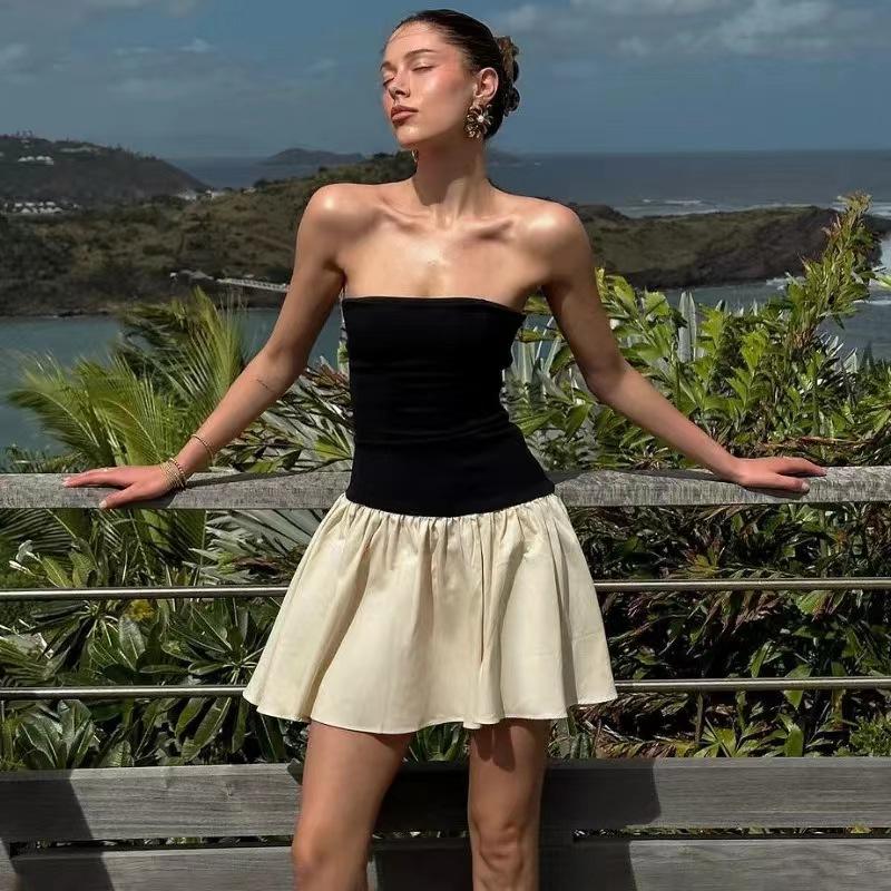 Summer Slim Fit Off Shoulder Chest Wrapping Mini Dress Women Fashion Black Patchwork Sexy Clothing Female Aesthetic Y2k Sleeveless A Word Dresses Girl