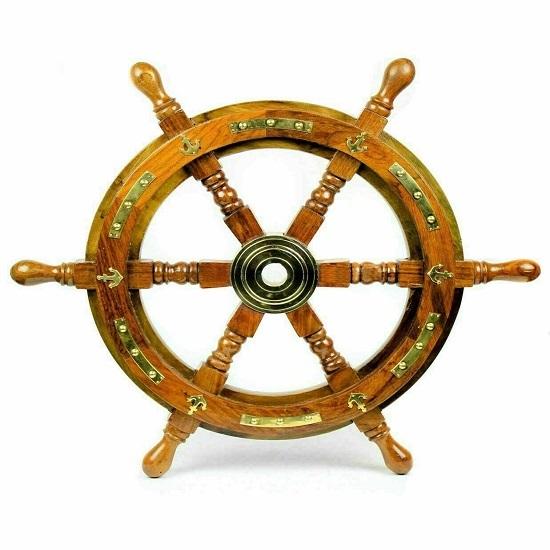 Морской Винтажный Штурвал Сокровища Лодки Деревянный Штурвал Ручной Работы С Латунными Полосами-Якорями Настенное Украшение