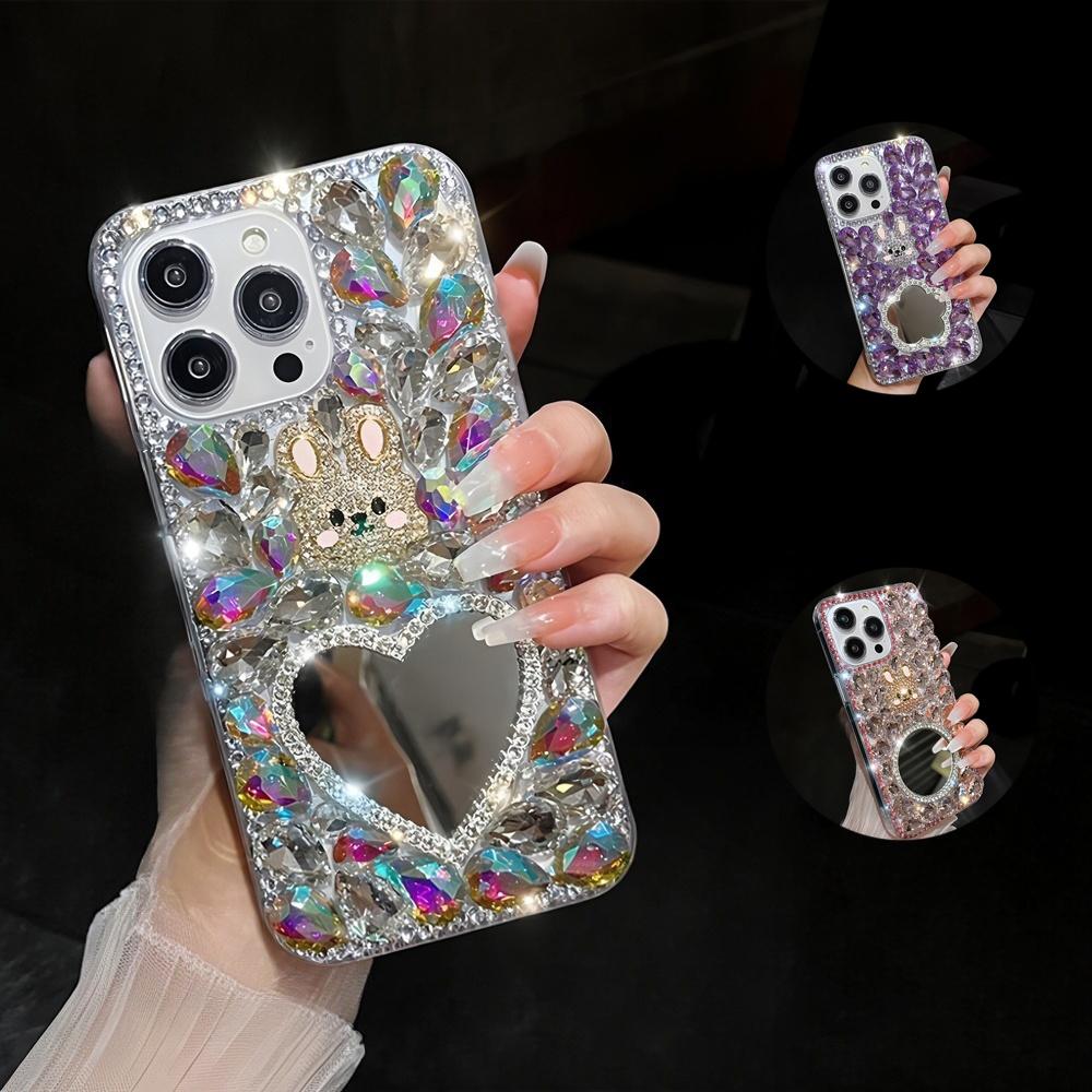 Glitzer-Strass-Handyhülle mit Herzspiegel und süßem Hasendesign, Für iPhone 17 16 15 14 13 12 11 Pro Max Air mini 16e 8 7 Plus X XS XR SE 2022