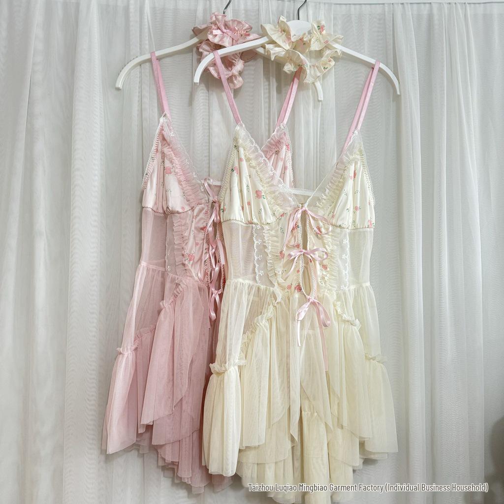 50970 Floral Mesh Nightgown with Bowknot and Removable Pads