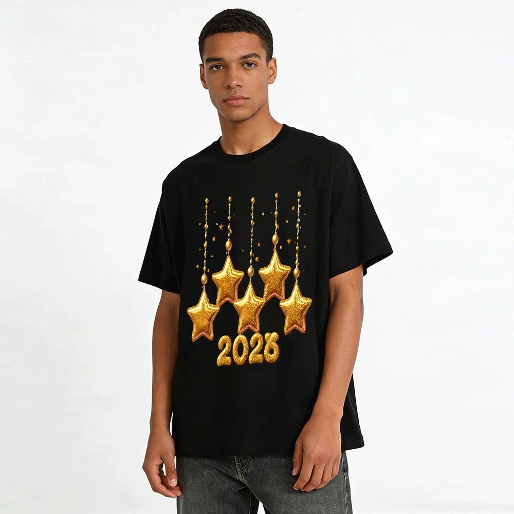 2026 New Year Shiny Gold Star Pendant Trendy Top Pure cotton T-shirt