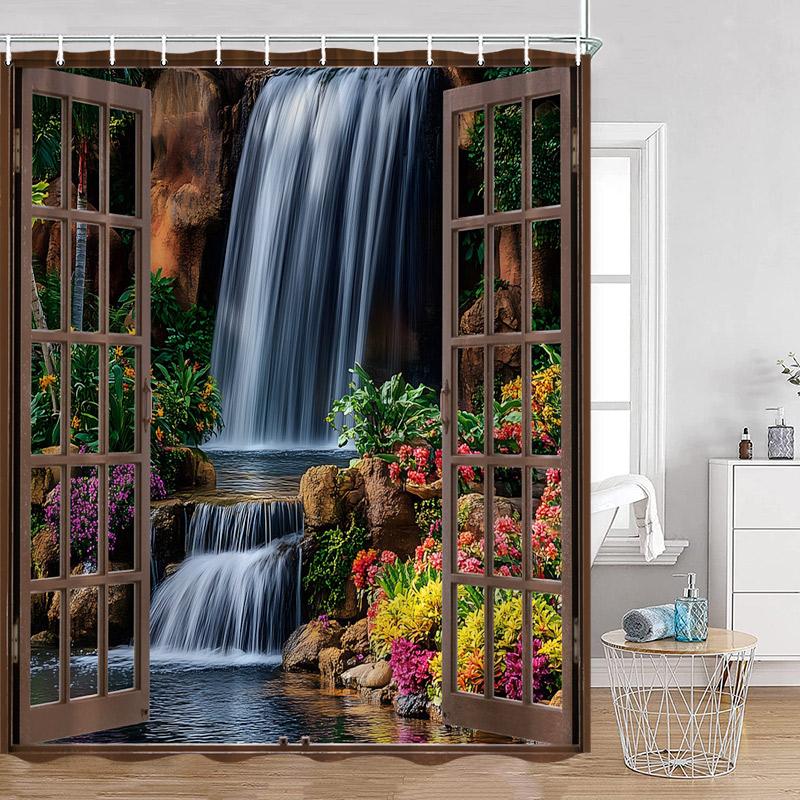 Hand-painted Street View Shower Curtains European Garden Cafe Green Plants Flowers Greenery Bathroom Decor Modern Bath Curtain