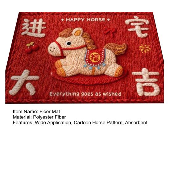 2026 Cartoon Horse Rug Year of The Horse Red Floor Mat Non-Slip Absorbent Entrance Rug Cute Horse Doormat for Bathroom Bedroom New Year Decoration