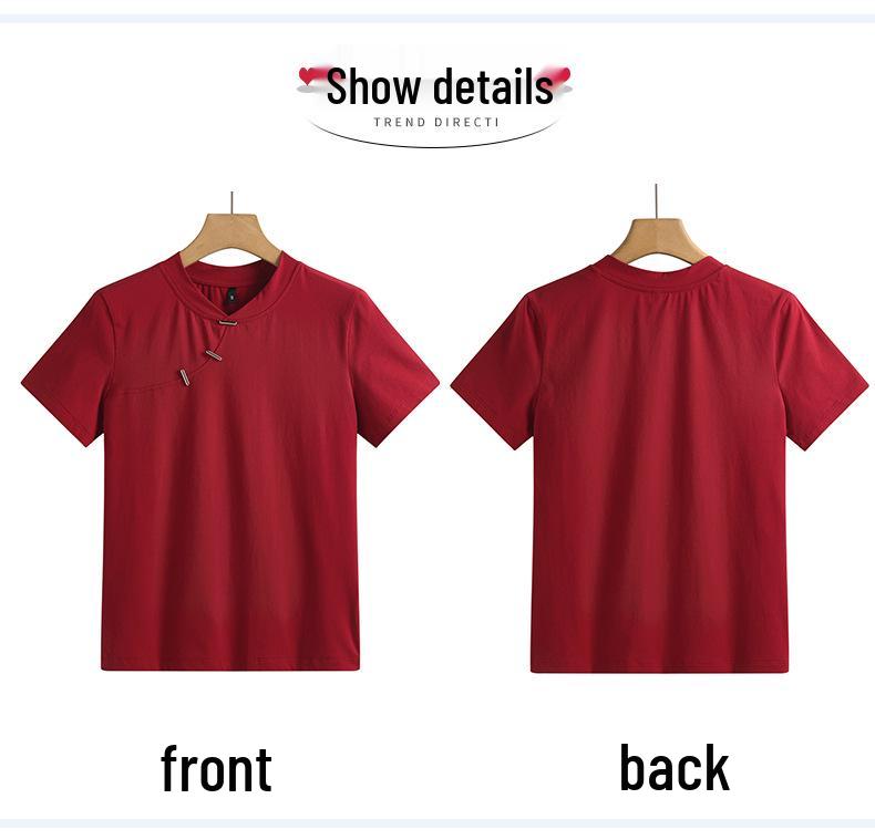 Enhanced Slim Fit Minimalist Cotton T-Shirt with Chinese and Korean Style Buttons - Short Sleeve Women's Top