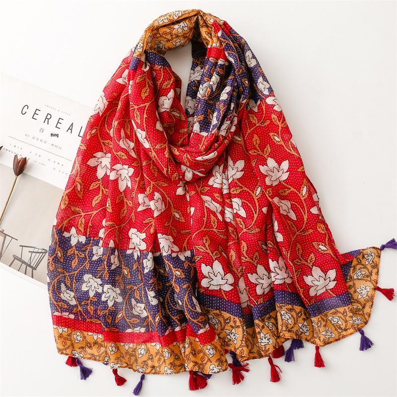 "Bali Yarn Cotton-Linen Scarf: Fresh Solid Color, Fruit Green & Bright Yellow Leaf Print with Tassel Detail"
