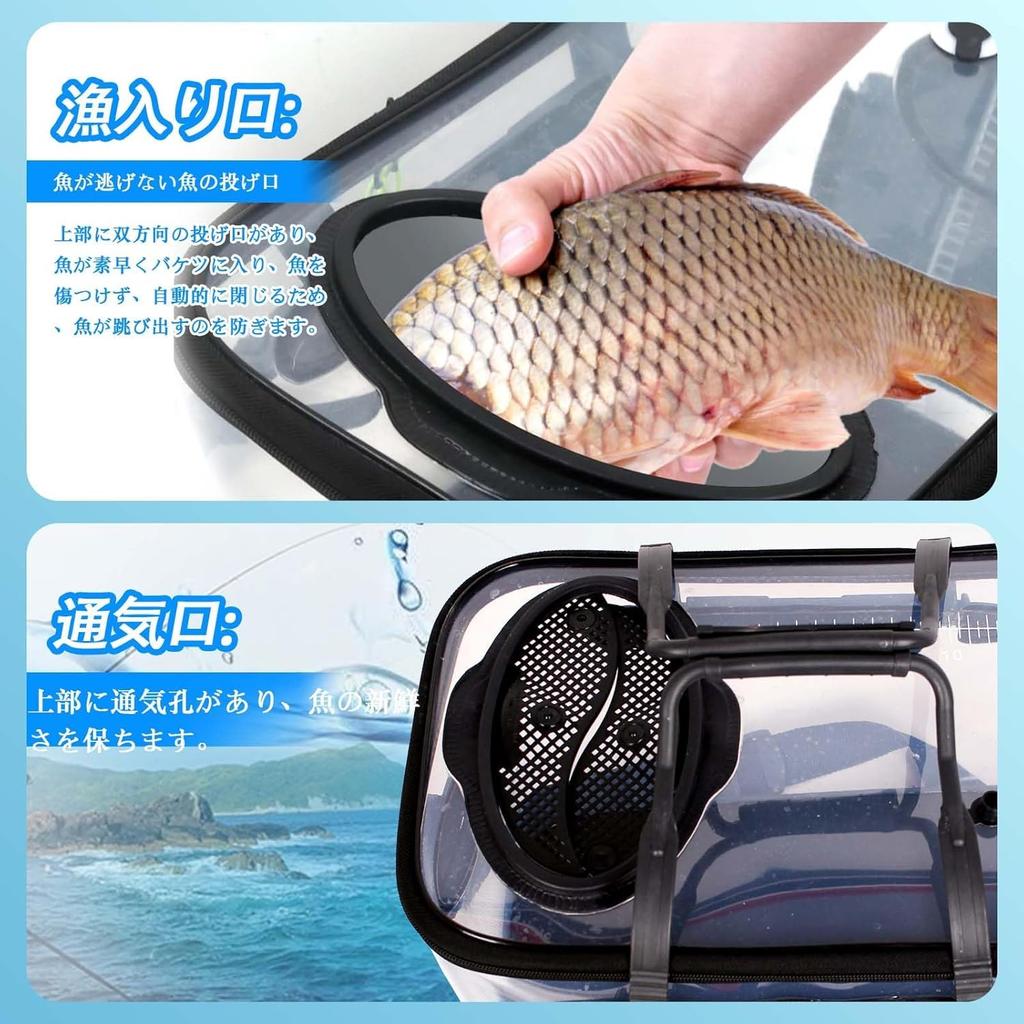 FISHING PATH Fishing Bucket, Transparent [See Fish At a Glance], 45cm, with Spring Cover, Pump Holder, Non-Slip Bottom, Shoulder Strap, Foldable