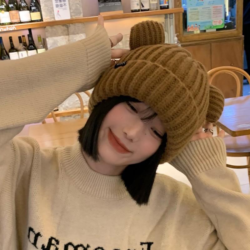 Women Chunky Bear Ear Knit Hat 2025 Korean Loose Slouchy Winter Cap Faux Fur Ears Thermal Ear Flap Beanie
