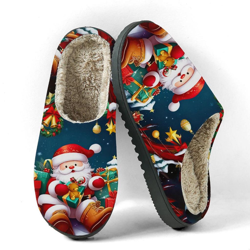 Unisex Christmas Print Cotton Slippers - Warm for Autumn/Winter Home Use