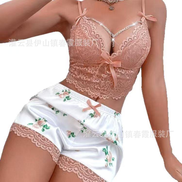 Sexy Explosive Sex Underwear Sexy Deep V Lace Hollow Suspender Bra Lace Shorts Set
