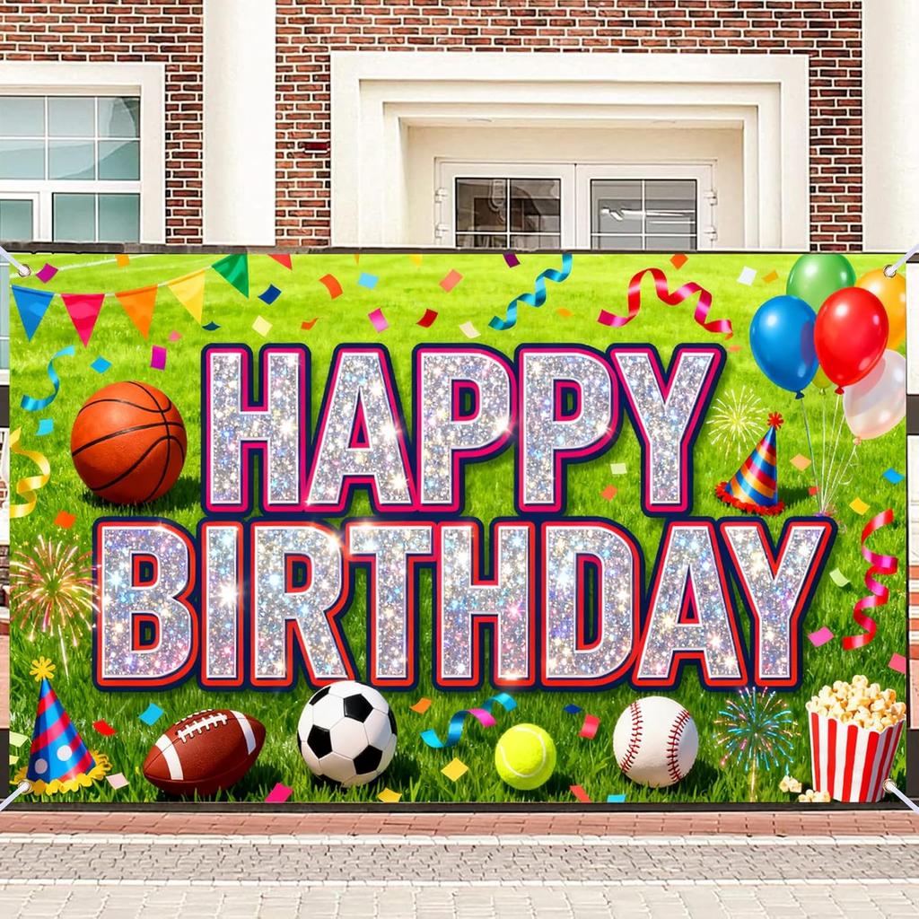 Glowing Soccer Happy Birthday Banner, Large Sports Backdrop for Outdoor Indoor Party Photo Booth
