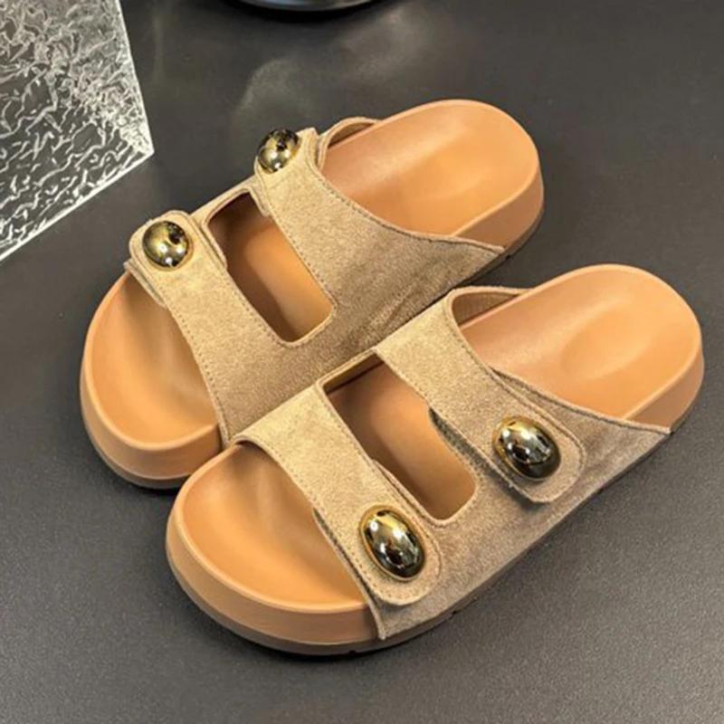 Mode Doppel Schnallen Design Mittelhohe Absatz Pantoletten Damen Lässig Flock Flache Plateau Sandale Weiblich Sommer 2025 Oberbekleidung Rutschfeste Pantoletten Mujer