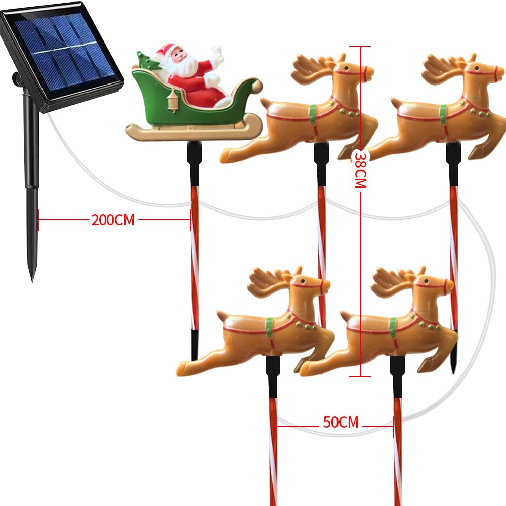 YZYOE LED Outdoor Solar Santa Sleigh Waterproof Solar Garden Christmas Reindeer Lamp with 8 Warm Light 5-Pack Ground-Mounted Lamp, Modes.