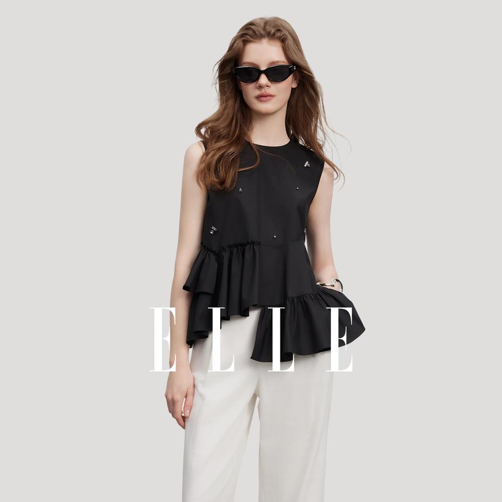 [ELLE] Elle Tops Blouse Sleeveless Women's Summer Modern Bead Embroidery Frill Asymmetrical Design Original Stylish Casual EM51429 (JP, Alphabet, M)