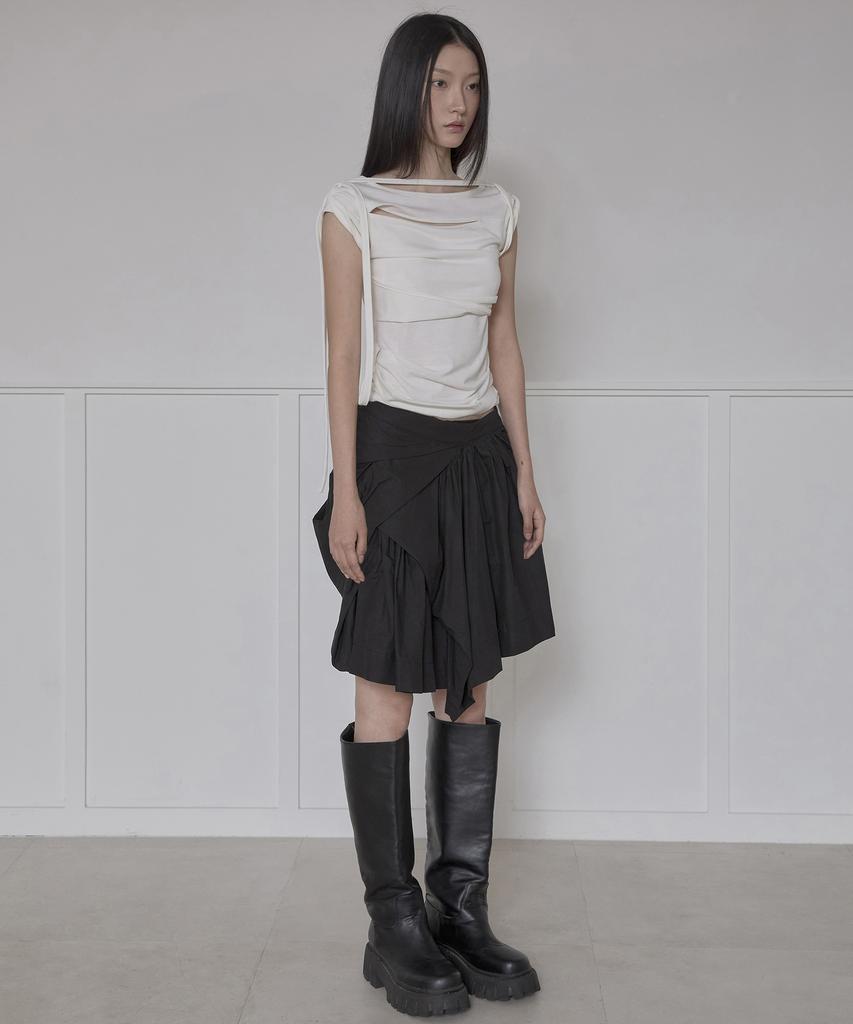 Peulleeoeob Asymmetrical Draped Layered Skirt (Fl-252_Black)