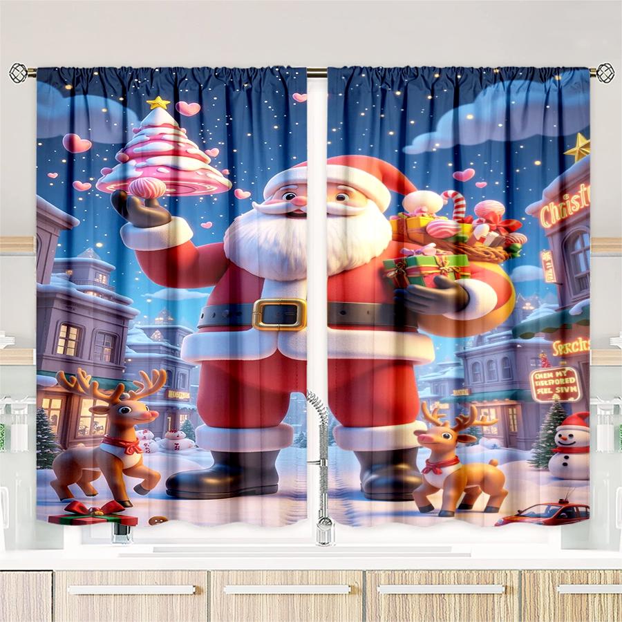 Set Of 2 Christmas Santa Claus Tree Pattern Printed Curtains Decorations Home Room Made Polyester Modern