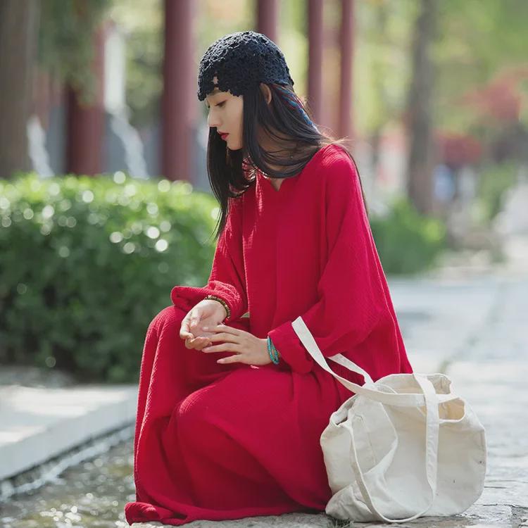 V-Neck Linen Double-Layer Swing Dress - Spring/Summer Retro Style