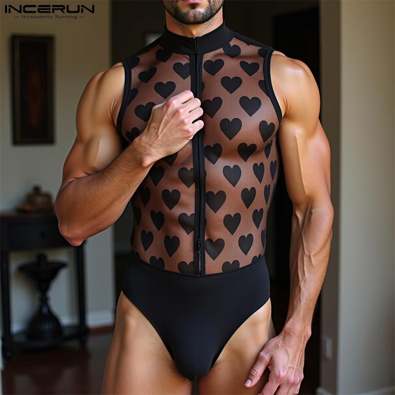 INCERUN Men Crew Neck Sleeveless Print Mesh Sheer Leotard Underwear Jumpsuits