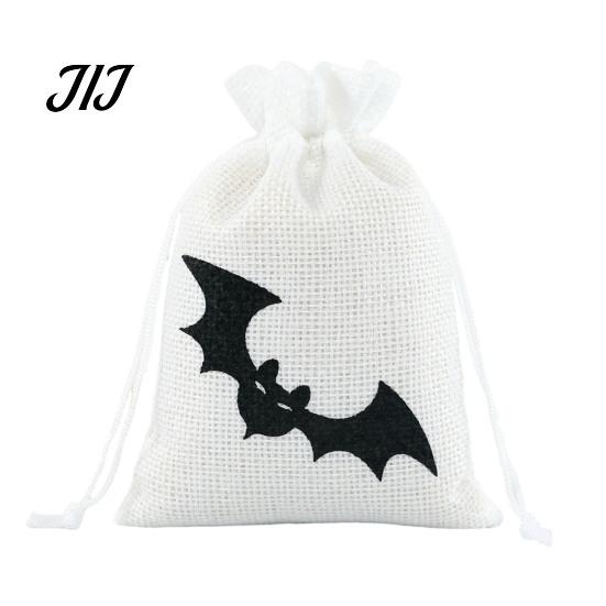 Cotton Linen Jewelry Bags Halloween Burlap Treat Bags, Pumpkin Ghost Bat Spider Witch Print Drawstring Gift Favors Candy Pouches for Cookies