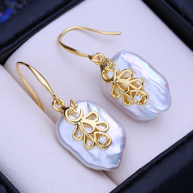 LSOOYH Natural Freshwater White Big Baroque Pearl Earrings For Women Fashion Cultured Pearls Gold Color Dangle Earrings Wedding Jewelry
