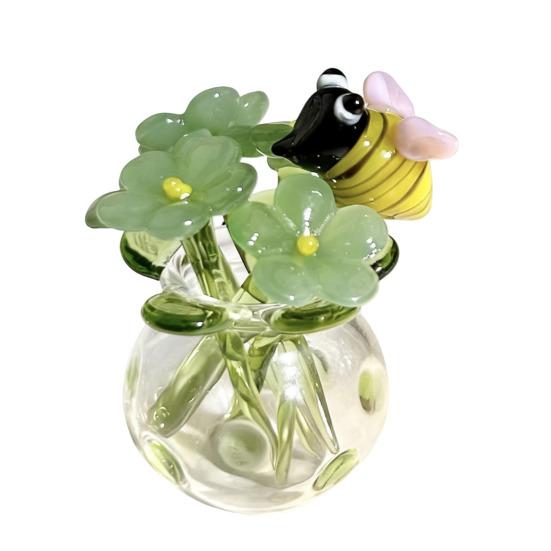 Niedliche Mini-Figur Blume aus Kunstkristall, mundgeblasenes Glas-Bouquet, Sammlerstück, kleines Blumenvasen-Ornament mit Biene/Vogel für Heim- und Büro-Tischdekoration