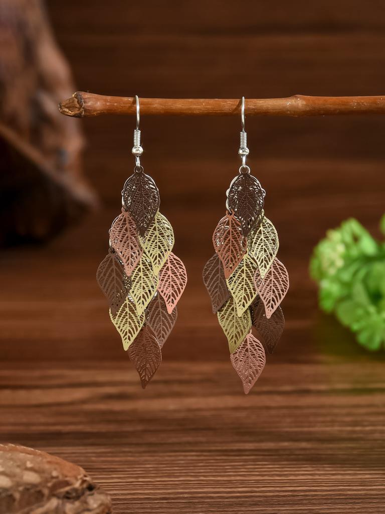 1 Pair Fashionable Retro Hollow Leaf Tassel Earrings For Women, Japanese And Korean Style