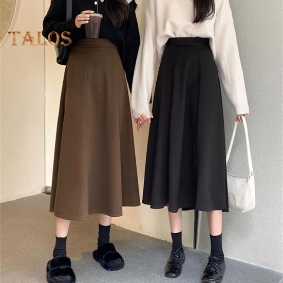 Women Midi Skirt High Waist A-Line Skater Skirt Solid Color Large Hem Commuting Style Office Lady Skirt Workwear