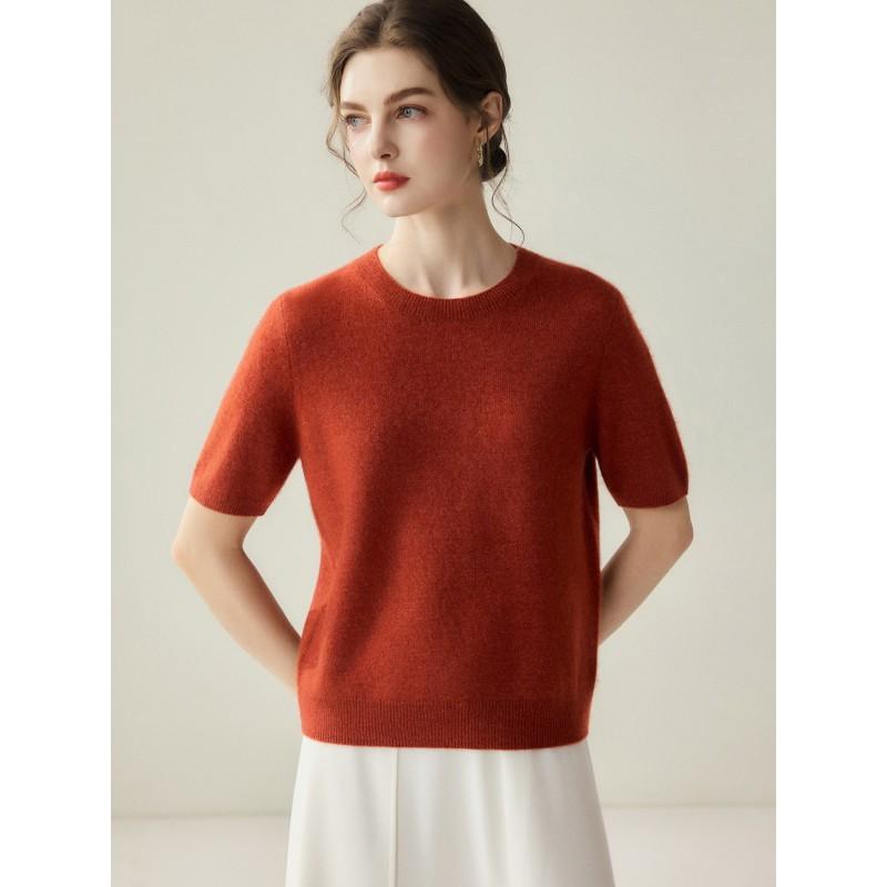 2026 Fall Winter Silk Cashmere Short Sleeve Sweater Women Crew Neck Solid Color Knit Top Commuter Thin