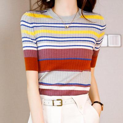 Damen Pullover 2025 Sommer Kurzarm O-Ausschnitt Gestreift Slim Gestrickter Pullover Damen Tops Pullover JJ315