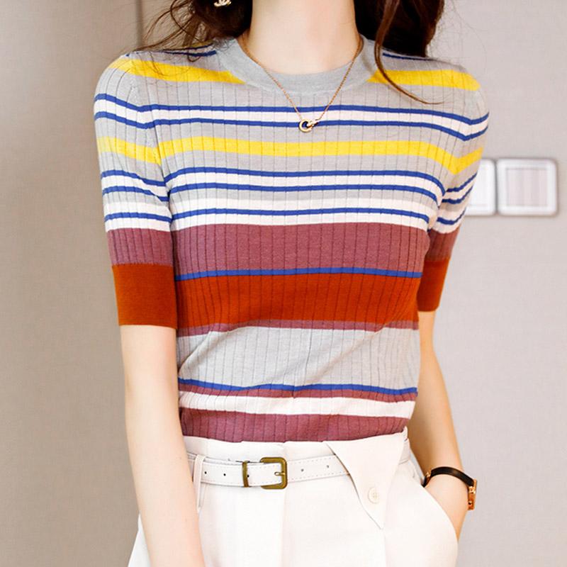 Women Sweaters Pullovers 2025 Summer Short Sleeve O-Neck Striped Slim Knitted Sweater Women Tops Pullover JJ315