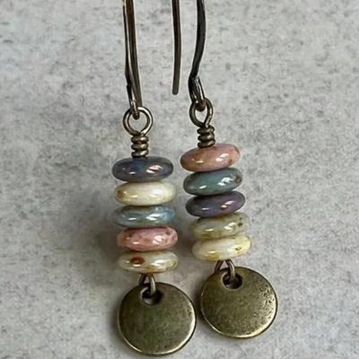 1pair Handmade Distressed Disc & Beaded Earrings, Vintage Creative Mini Stone Bead Earrings for Women