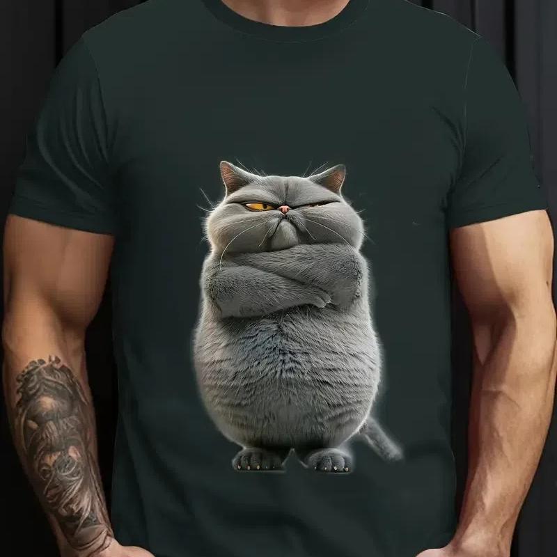 Animal T Shirt For Men Summer Short Sleeve Cat Print T-Shirt Fashion Streetwear Oversized Clothing Casual Crew Neck Pullover
