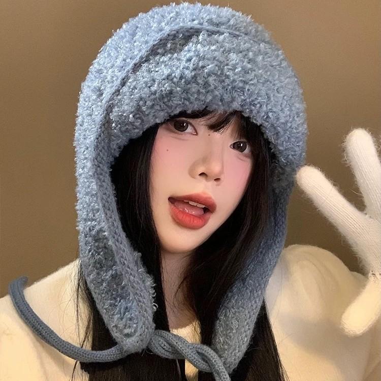 Autumn And Winter Haze Blue Knitted Hat Women'S Cold Protection And Warmth Korean Version Versatile Face Small Ear Protection Pullover Hat
