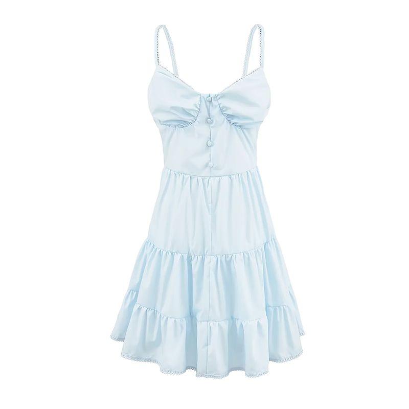 

Doll Baby Blue French Style Girl s First Love Sweet and Spicy Lace Slim Fit Backless Vacation Spaghetti Straps Dress Sky Blue L