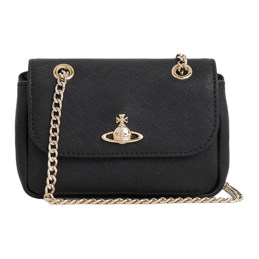 Vivienne Westwood Saturn Logo Snap Closure Leather Crossbody Bag Small Women bags Black 5C01000BWS000BBLACK Basic Set (Bag+Dust Bag)