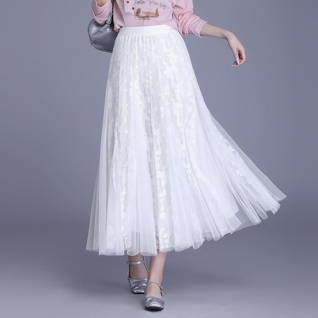 A-line Midi Skirt: High Waist Mesh Lace Patchwork for Women - Spring/Summer 2026