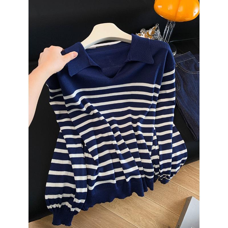 Autumn and Winter New Lazy Wind Striped Polo Knitted Sweater Gentle Wind Long-sleeved Top Women's Clothing