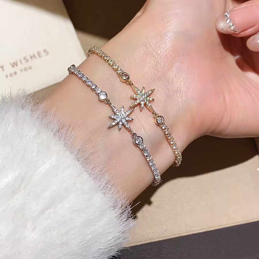 Starburst Zircon Chain & Link Bracelet Trendy 14K Gold Plated Women's Anti-Tarnish Daily Party Jewelry Fashion Bangles