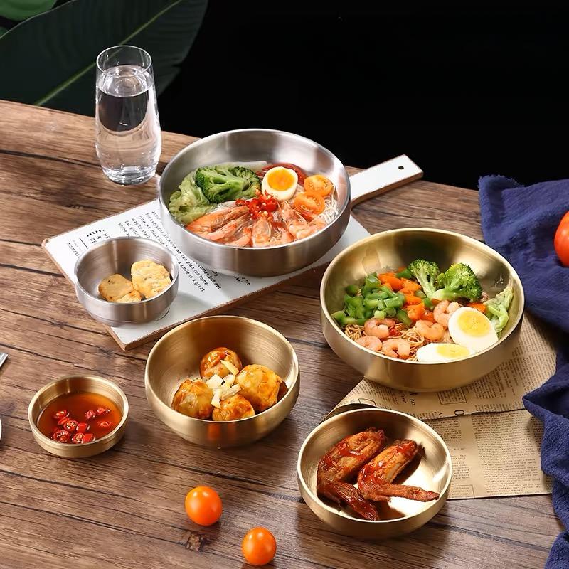 Korean Style Gold Double-layer 304 Stainless Steel Rice Bowl for Children's Meals Commercial Cuisine Kimchi Soup Bowl