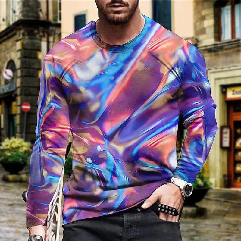 

Spring and Autumn Round Neck Colorful Abstract Pattern 3D Printed Top Fashionable Casual Long Sleeved Men s T-shirts S