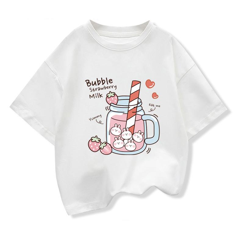 Children's Short-sleeve Patterned Top 2026 Summer New Children's Clothing Girls' Bubble Strawberry Milk Cartoon Casual T-shirt