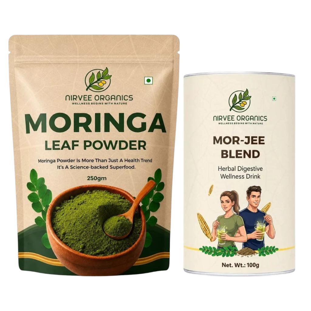 Порошок Моринги и добавка для улучшения пищеварения (100 г + 250 г), Moringa Leaf Powder & Mor-Jee Blend, Nirvee Organics