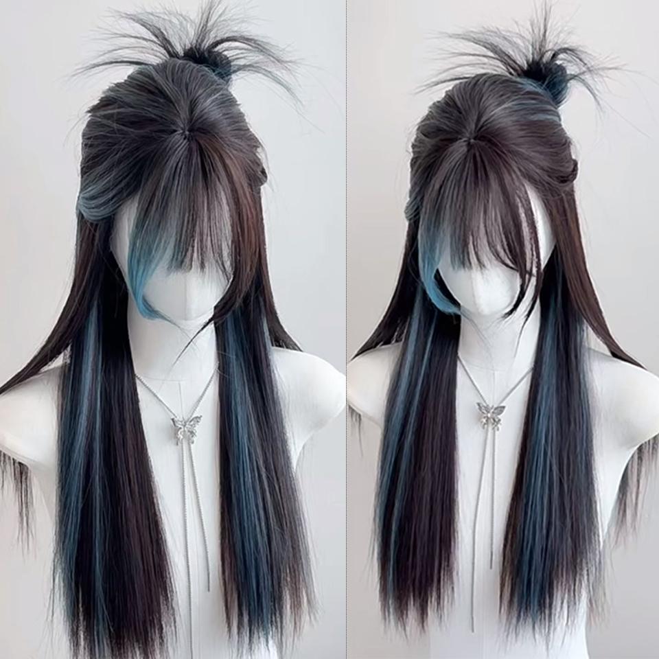 Y2K Synthetic Lolita Cosplay Wig Green Blue Hair for Cosplay Party Long Straight Wigs for Women Blue Green Highlight Dyed Bangs