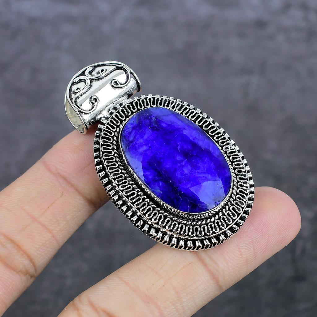 Sapphire(Simulated) 925 Sterling Silver Jewelry Pendant 2.17" Q7m52