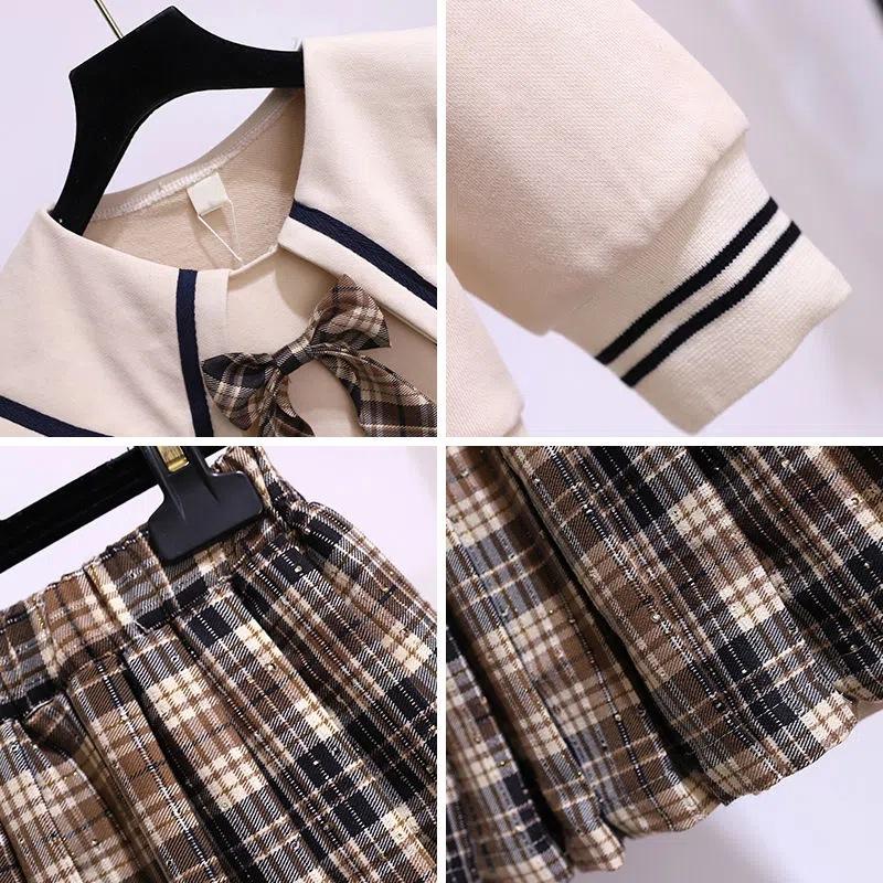 Girls Spring and Fall Clothing Middle and Big Children College Style Long-sleeved Top + Pleated Skirt Two-piece Set