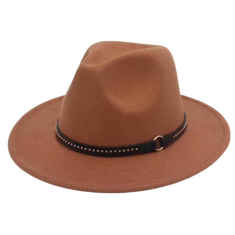 European And American Style Big-Brimmed Top Hat, Metal Ring, Rivet, Belt Accessories, Felt Hat, Light Top Fedora Hat, Foreign Trade Monochrome Hat