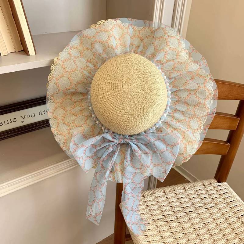 Forest Style Straw Hat With Large Brim And Pearl Butterfly Bow For Summer Beach Sun Protection
