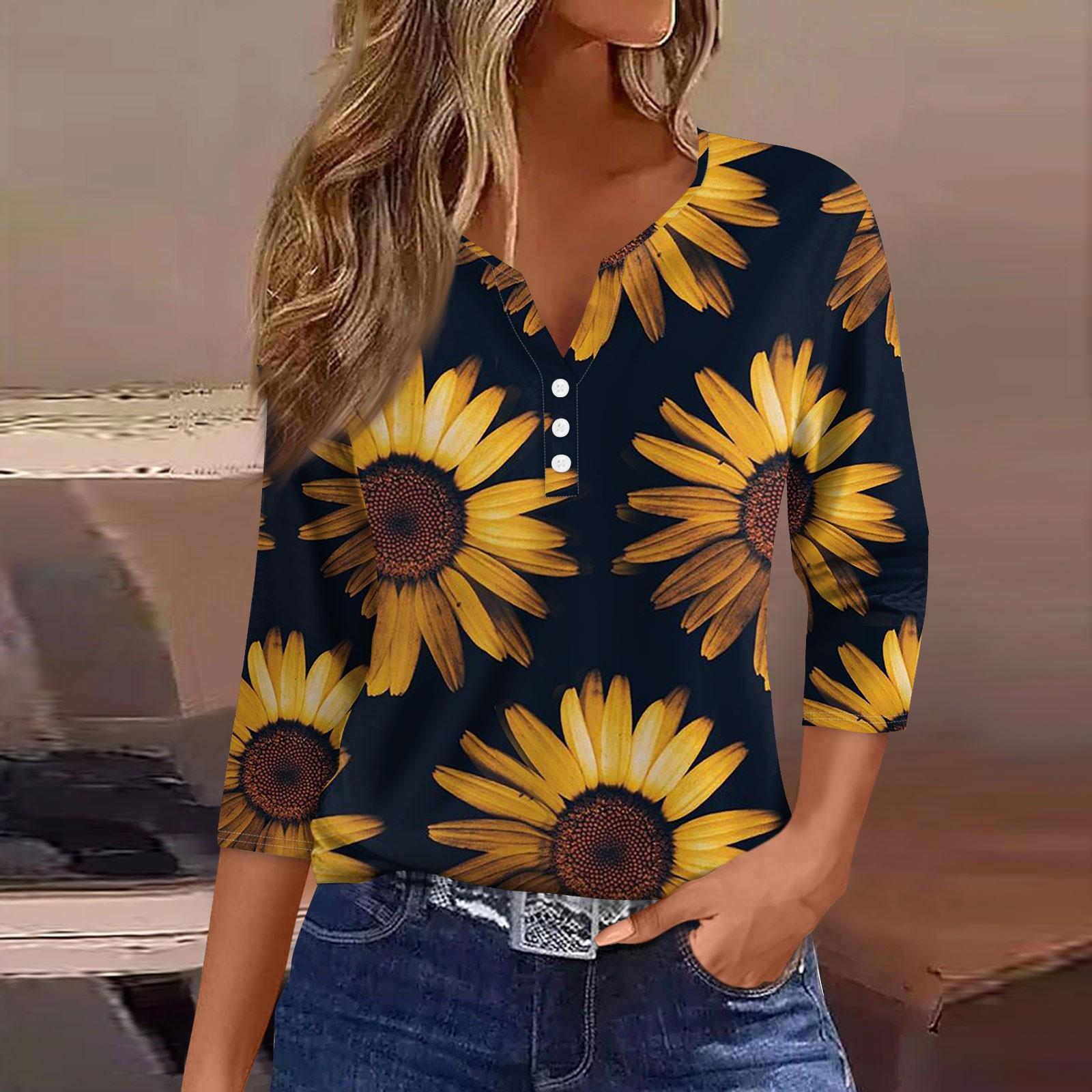 

Жен. Футболка Футболка С принтом Пуговицы Рукав 3/4 Повседневные Выходные Мода Классический Классический V-образный вырез Обычный Верх S