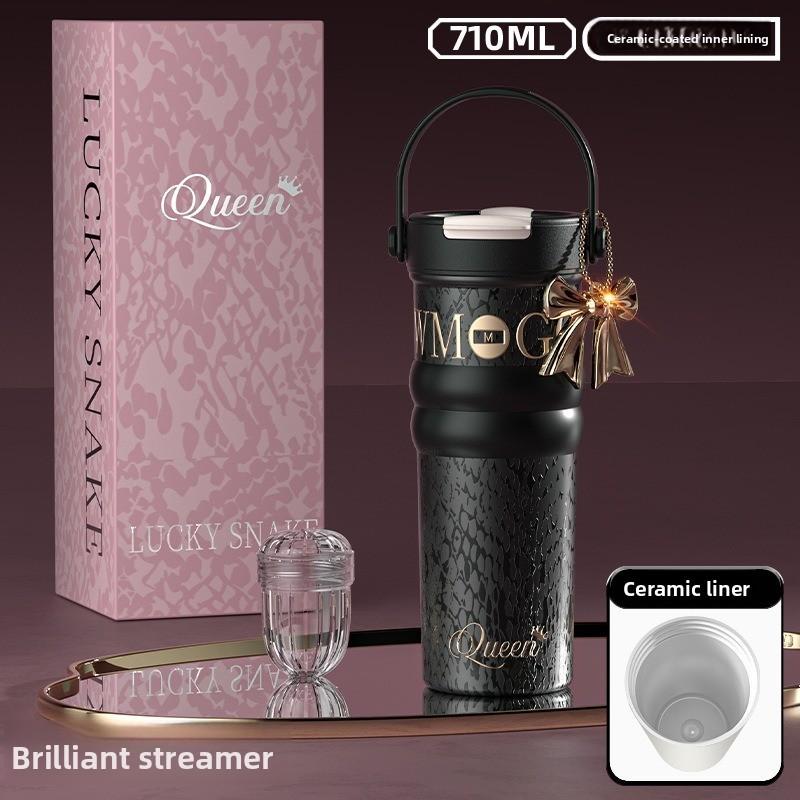 Ceramic Double Drink Coffee Cup With Handles And Straw For Office And Home Use