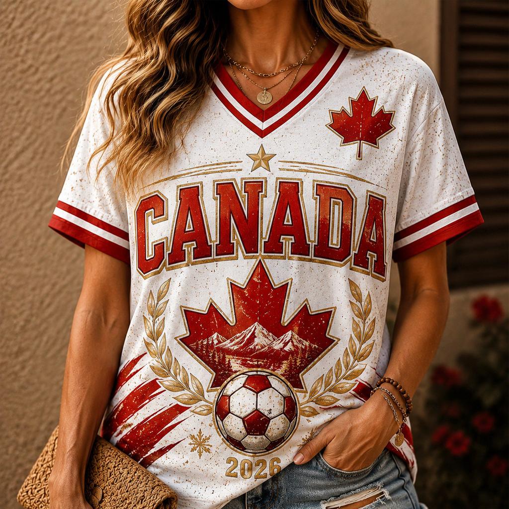 Women's V-Neck Short Sleeve T-Shirt with Soccer Print for Casual Everyday Wear