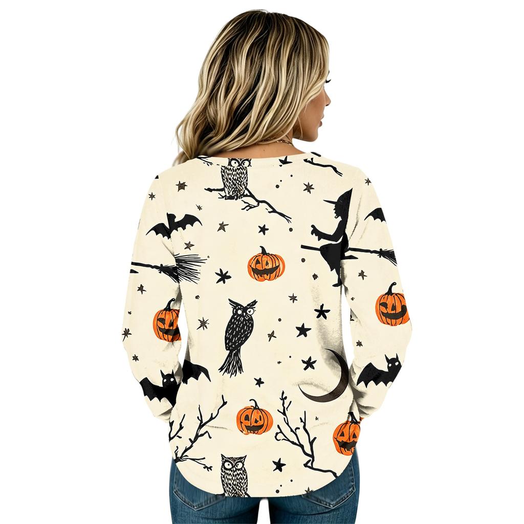 Women's Flannel Long Sleeve Top with Halloween Print Neck Pullover Shirt